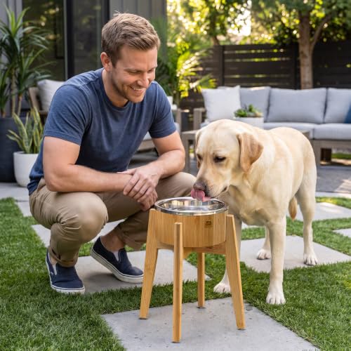 Dog Bowls Elevated for Large Dogs (Height: 15" Bowl: 9.5" / Bamboo-N15)
