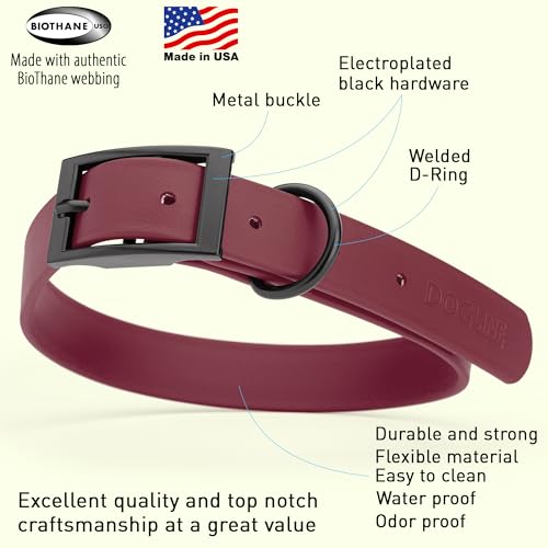 Biothane Waterproof Dog Collar Strong Coated Nylon Webbing with Black Hardware Odor (W1" x L18-22" / Merlot Burgundy)
