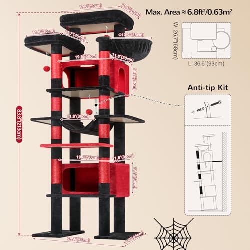 Gothic Giant Tall Heavy Duty Cat Tower for Indoor Large Cat (Black Red / 83 inch)