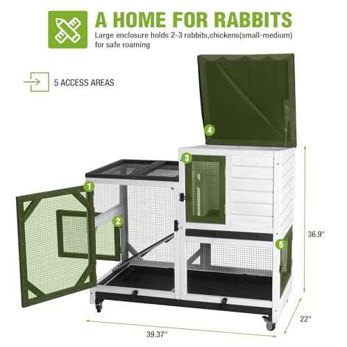 Rabbit Hutch Mobile Bunny Cage with Wheels (Black ＆ White / 39.4"L x 22.0"W x 39.6"H)