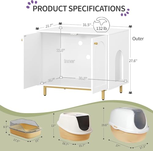Cat Litter Box Enclosure (31.5"L x 21.7"W x 27.6"H / White and Gold)
