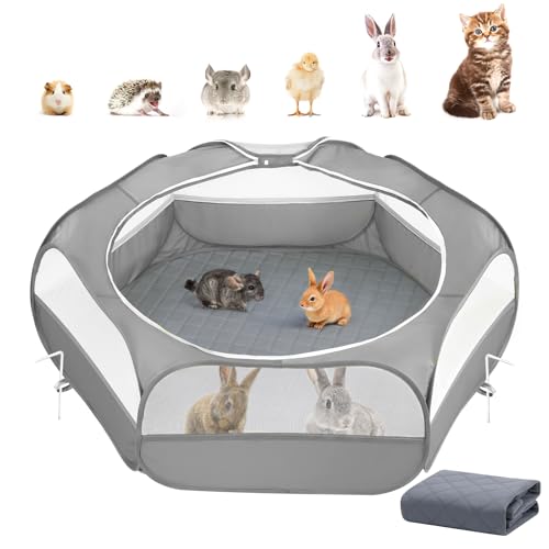 2-in-1 Small Animals Playpen with Pad, Gray+Gray (U-Gray+Gray)