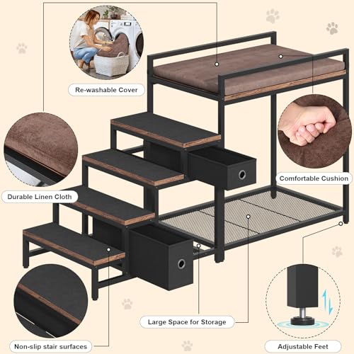 Pet Bunk Bed with Removable Stairs and 2 Drawers (Brown+Black)
