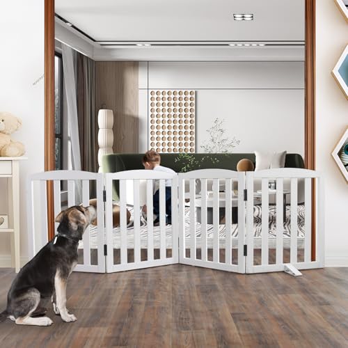 Foldable Freestanding Indoor Dog Gate for House Wood White Long Pet Gates Dog Fence for Stairs Puppy Gates for Hallways (White / 【4 Panels】80''w X 24''h)