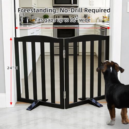 Foldable Freestanding Indoor Dog Gate for House Wood Long Pet Gates Dog Fence for Stairs Puppy Gates for Hallways (Black / 【2 Panels】40''w X 24''h)
