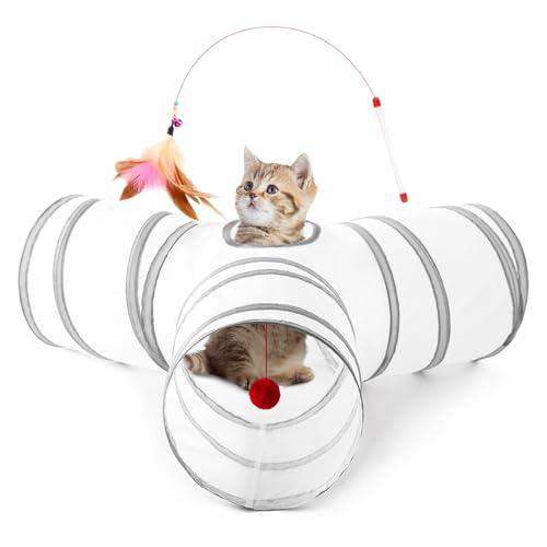 Cat Tunnel, 3-Way Collapsible Toy for Indoor Cats, White & Grey (White & Light Grey / Small)