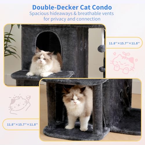25.6" Cat Tree for Large Cats with Big Perch & Dual Condos HCT204SG (Smoky Gray / 25.6 inch)