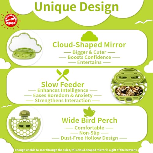 Bird Mirror with Perch&Slow Feeder (Olive / 7.28" L x 3.5" W x 5.5" H)