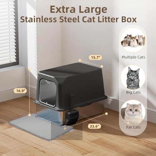 Stainless Steel Cat Litter Box with Lid (Black)