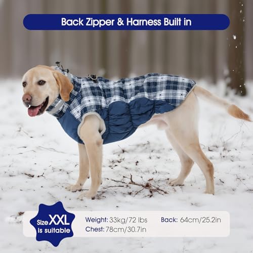 Dog Cold Weather Coats Reflective Dog Warm Jacket with Harness (Blue Plaid / XS(chest:14in))