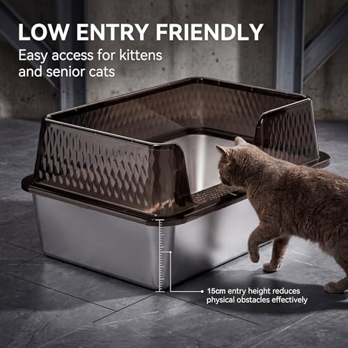 Large Stainless Steel Litter Box Side Entry High Sides Deep Metal Cat Litter Boxes with Lid Low Entry Litter Mat and Scoop Litter Pan (Black / Large)