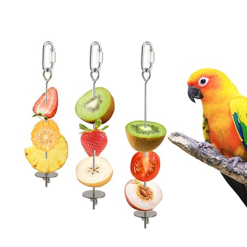 3 Pcs Bird Cage Food Holder Stainless Steel Parrot Fruit & Vegetable Skewer Hanging Foraging Toy for Parakeets (3 Pcs)