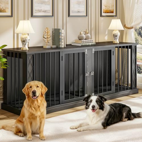 86.6" Wooden Double Dog Crate Furniture for 2 Large Dogs (Dark Black / 86.6"L x 23.6"W x 31.5"H)