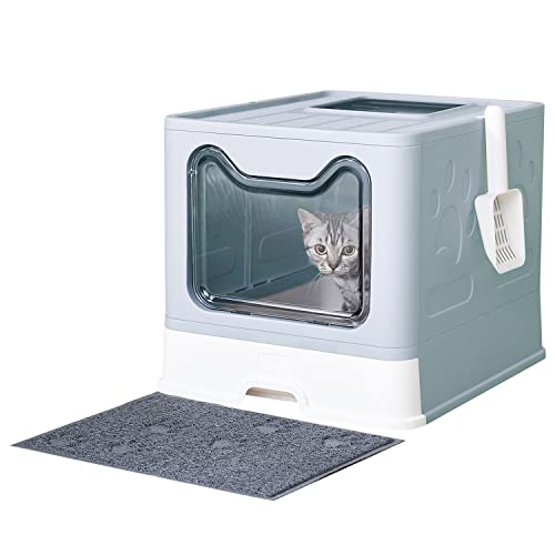 Cat Litter Box with Litter Mat and Scoop (Blue)