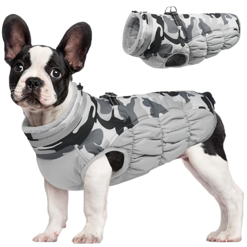 Dog Cold Weather Coats Reflective Dog Warm Jacket with Harness (Grey Camo / M(chest:21in))