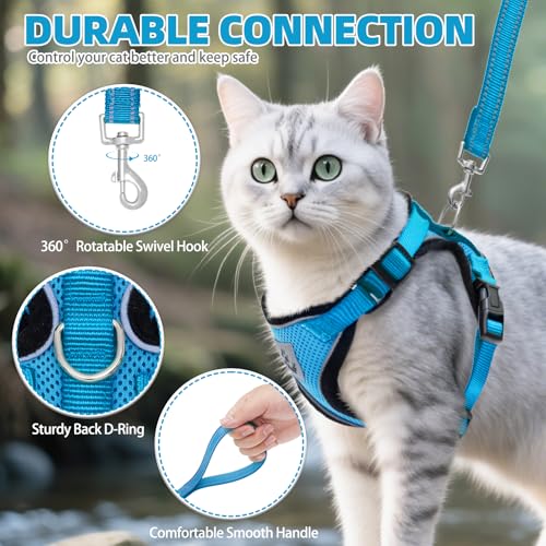 Cat Harness and Leash Set Escape Proof Reflective Cat Walking Harness Adjustable Soft Breathable Mesh Vest for Small Pets (S (NECK 9.5"-11", CHEST 13"-16") / Blue)