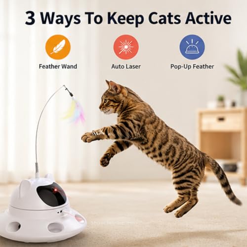 3-in-1 Auto Laser Cat Toy, USB Recharge Motion Activated Kitten Feather Chase Toy - Off-White (Off-white)