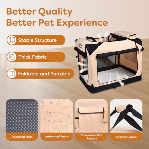3 Door Portable Collapsible Soft Dog Crate Carrier with Bed (Camel)