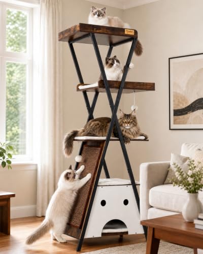 Modern Wood Cat Tree Tower for Indoor Cats Large Adult 67 (67 inch / Rustic Brown)