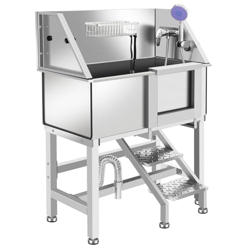 Dog Washing Station 34'' Stainless Steel Pet Grooming Tub for Large Dogs Over (34" R-RAMP)