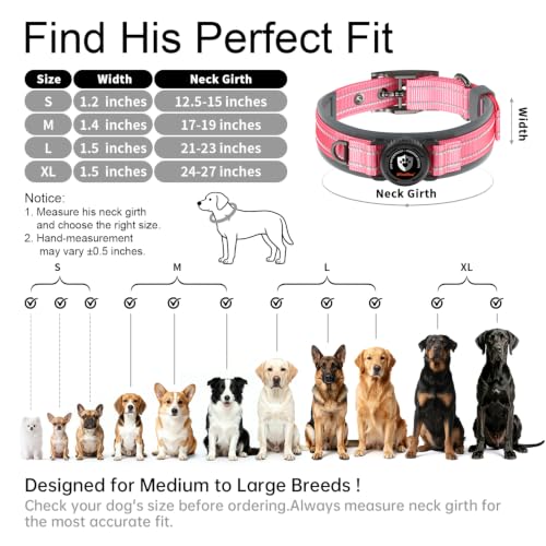 Heavy Duty Dog Collar with AirTag Holder (Rose Red / L (21-23in Neck))