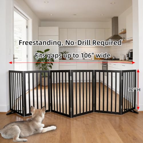 Freestanding Indoor Dog Gate for House Foldable Wood Puppy Gate for Doorways Pet Gate for Stairs Extra Wide Pet Fence (Black / 【6 Panels】120''w x 32''h)