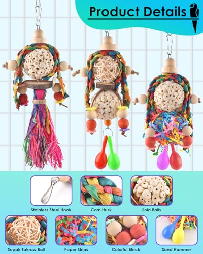 3PCS Bird Parrot Foraging Shredder Hanging Toys Sola Balls with Sand Hammer for Small Parrots Parakeets Conures Cockatiels Love Birds Cage Toy (3 PCS)