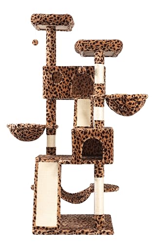 65in Multi Level Large Cat Tree Tower for Indoor Kitties (Leopard Print)