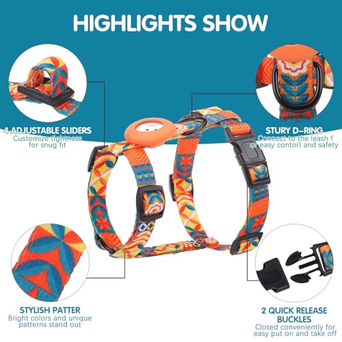 Cat Harness with Airtag Holder (Orange Print (Both Buckles on Chest))