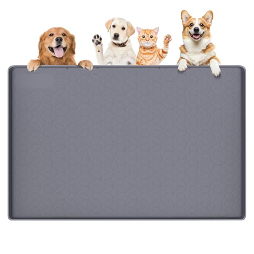 Dog Food Mat 34''x22'' Large Dog Mat for Food and Water (34"L x 22"W / Dark Grey-Rhombus)