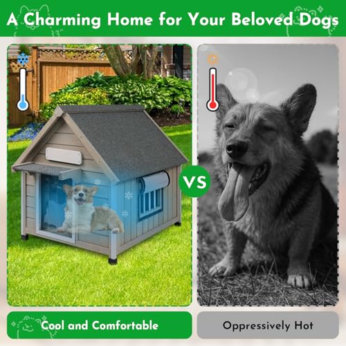 Outdoor Dog House Weatherproof Large Wooden Dog Kennel Indoor for Small Dogs with Chew (Grey / 26" D x 31.9" W x 32" H)