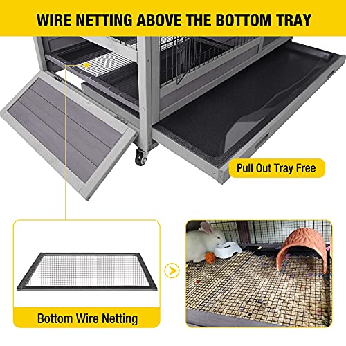 Rabbit Hutch Indoor Outdoor Bunny Hutch Pull Out Tray Guinea Pig Cage with Bottom Wire (Gery)