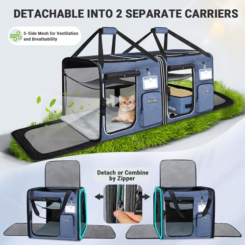 2 in 1 Double Cat Car Travel Carrier with Litter Box (Blue / 38.0"L x 17.0"W x 18.0"H)
