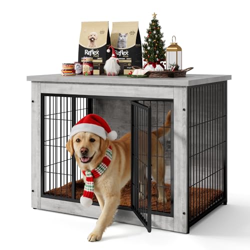 Wooden Dog Crate Furniture with Thick Cushion (M(23.6" x 22.1" x 25.3") / Grey)