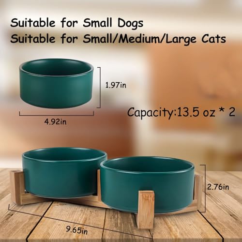 Dog Bowls Green Ceramic Cat Dog Bowl Set with Stand for Food and Water Feeder (Deep Green / 400ML*2)
