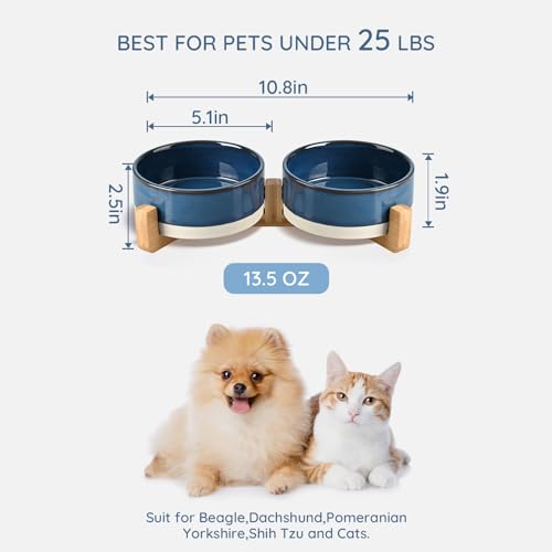 Ceramic Dog and Cat Bowl Set with Wooden Stand (1.7 cups / Pattern Blue × 2)