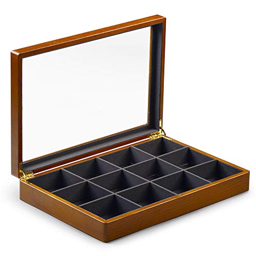 12 Grids Vintage Solid Wood Jewelry Box Microfiber Lining Earrings Bracelets Necklace Storage Jewelry Drawer Organizer Tray with Lid (Grey 12 Grids Box)