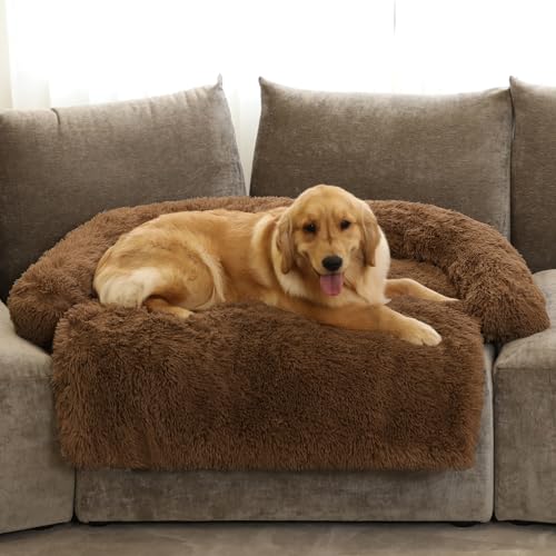 Calming Dog Bed Fluffy Plush Dog Mat for Furniture Protector with Removable Washable Cover for Large Medium Small Dogs and Cats (Brown / 53.0"L x 39.3"W x 6.0"Th)
