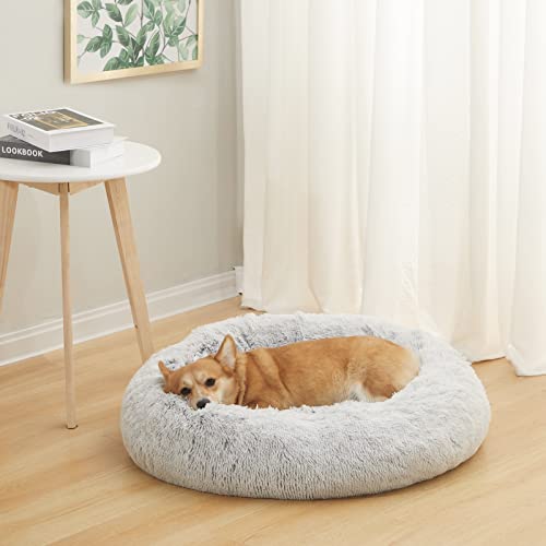 Calming Fluffy Donut Dog Bed for Medium Dogs (30.0"L x 30.0"W x 8.0"Th / Light Grey)