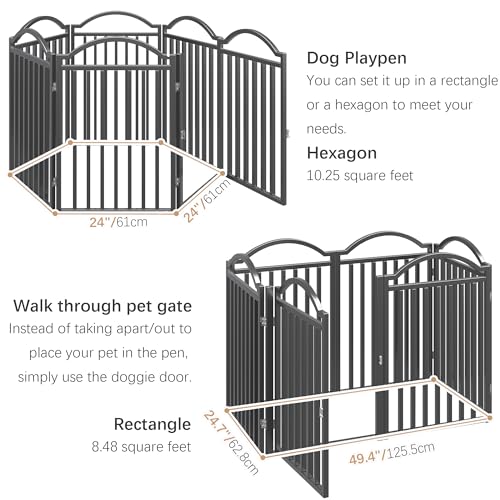Metal No Assembly Freestanding Dog Gate with Door Walk Through (Black / 6 panels 144"W*32"H HFG)