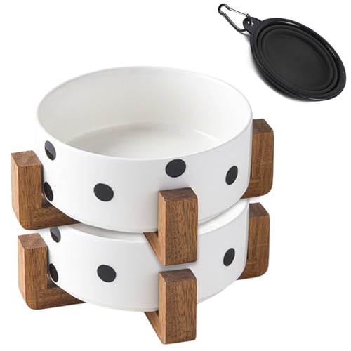 Ceramic Dog Bowl Set with Stand (Black Dot / Puppy/Small Size Dogs & Cat Bowls 400ML*2)