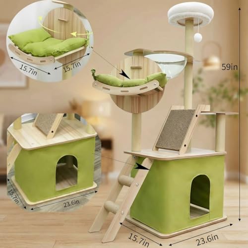 59.1-Inch-Green Cat Tree for Indoor Cats Large Adult, with Cat Condos,Cat Scratchers,Cat Hammock,Space Capsule, Plush Jumping Platform,Hanging Ball,Cat Trees for Indoor Cats(Green/Log Color) (Y18)
