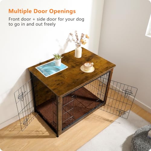 32.5" Dog Crate Furniture with Cushion (Rustic Brown / 32.5"L x 21.9"W x 25.6"H)