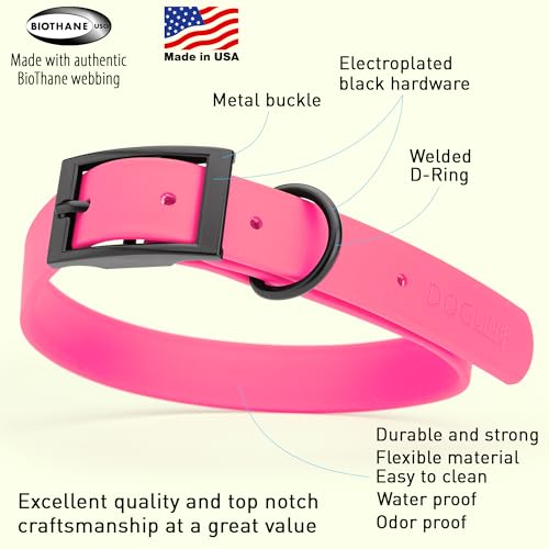 Biothane Waterproof Dog Collar Strong Coated Nylon Webbing with Black Hardware Odor (W1" x L18-22" / Passionfruit Pink)