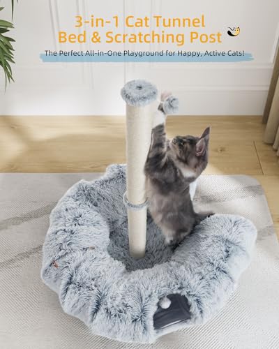 3-in-1 Cat Tunnel Bed, 34'' Cat Scratching Post for Indoor Cats
