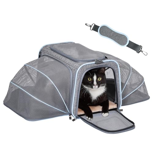 Medium Double Expandable Cat Carrier for Cats and Small Dogs (17.0"L x 11.0"W x 11.0"H / Light Grey)