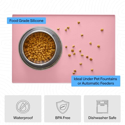 Dog Food Mat 100% Waterproof Silicone (Pink / 26"l X 17"w)