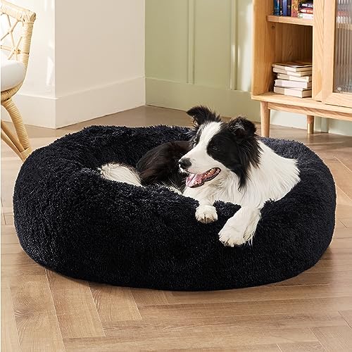 Calming Dog Beds Large Sized Dog Donut Washable Pet Bed (36"L x 36"W x 10"Th / Black)