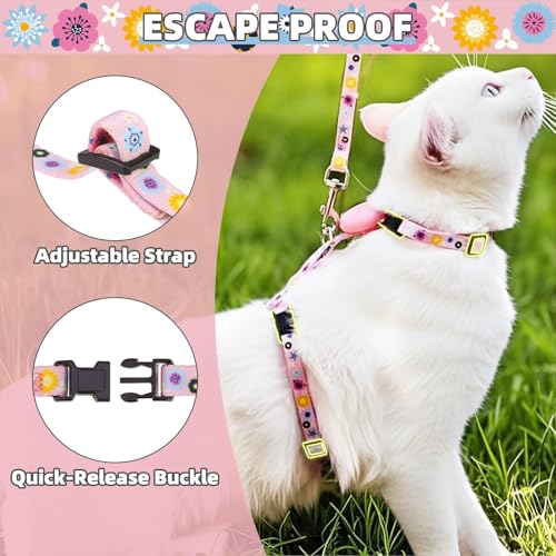 Adjustable Cat Harness and Leash Set Escape Proof Kitten Strap Collar for Walking Travel (Medium / Pink(Floral))