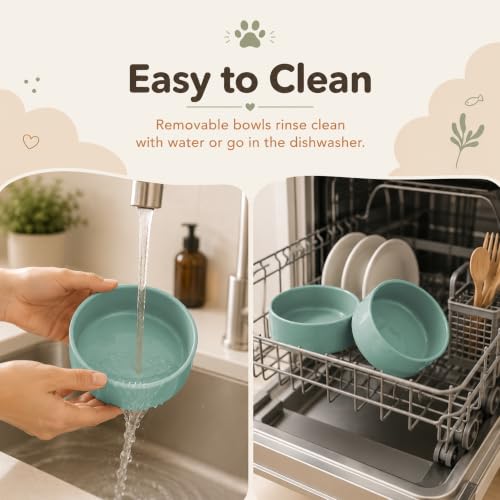 Raised Cat Bowl 5.1” Elevated Ceramic Cat Food and Water Bowl Set (Light Green)
